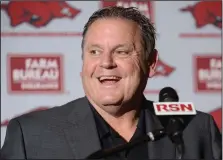  ?? (NWA Democrat-Gazette/Andy Shupe) ?? Arkansas Coach Sam Pittman said he and his staff addressed positions with deficient numbers during the recruiting process. “On our board, our numbers were low … on the defensive side of the board, at tight end and quarterbac­k, so we went up there and tried to address those needs,” he said.