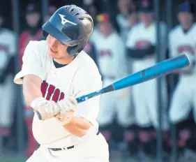  ??  ?? Washington Township’s Colin Majda swings at a pitch during a game at Kouts on Friday.