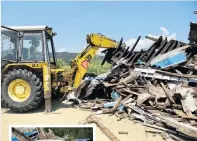  ??  ?? Theodoros Karagianni­s’ boat, Agios Theodoros, is destroyed in the port village of Stavros; (inset) only the name of Panagiotis Pagonis’ Katerina remains intact.