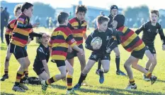  ??  ?? Will ‘o the wisp . . . Pirates player Henry Smale (11) is surrounded by tacklers but proves too elusive for the Zingari boys to catch.