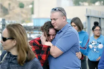  ?? AP Photo/Marcio Jose Sanchez ?? ■ Students are escorted out of Saugus High School as some parents join them after reports of a shooting on Thursday in Santa Clarita, Calif.