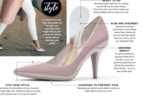  ??  ?? FITS YOUR STYLE CUSHIONS TO PREVENT PAIN These insoles fit comfortabl­y in all your favourite types of high heels, from stilettos to boots to sandals. So you’re good to go in any type of weather. Massaging gel waves provide added cushioning underneath...