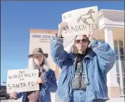  ?? DEAN HANSON/JOURNAL ?? Sue Carter, left, and Donna DiBanco protest horse slaughter in Santa Fe in January 2014. A court decision Thursday finalizes a settlement that will prevent a horse slaughter operation in New Mexico.