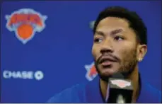  ?? MARY ALTAFFER — THE ASSOCIATED PRESS FILE ?? New York Knicks’ Derrick Rose speaks during a news conference at Madison Square Garden in New York.