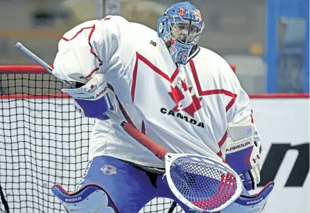  ?? LARRY PALUMBO/SPECIAL TO THE EXAMINER ?? Team Canada goaltender Brandon Miller in action during Canada's 19-6 win over the United States in Saturday's Heritage Cup in Hamilton.