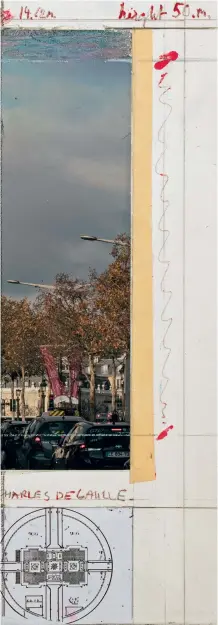  ??  ?? Christo. L’Arc de Triomphe, Wrapped (Project for Paris). Place de l’Étoile, Charles de Gaulle. Collage 2019. Crayon, crayon de cire, peinture émaillée, photograph­ie de Wolfgang Volz, carte, étude architectu­rale et topographi­que et adhésif. 28 x 35,5 cm. (Ph. André Grossmann © 2019 Christo and Jeanne-Claude Foundation)