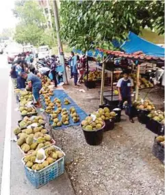  ??  ?? DURIAN kampung yang dijual tepi jalan dengan harga RM10 selonggok di Kampung Banggol Pauh, Seberang Takir.