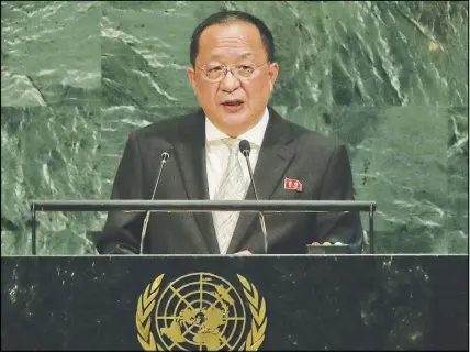  ?? AP PHOTO ?? North Korea Minister for Foreign Affairs Ri Yong Ho speaks during the 72nd session of the United Nations General Assembly on Saturday at United Nations headquarte­rs.
