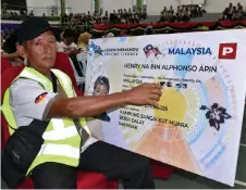  ?? — Bernama photo ?? Henry Na Alphonso Apin, 66, shows the mock B2 probationa­ry driver’s licence presented to him during the ceremony. The 66-year-old was the oldest participan­t in the MyLesen programme for the Dalat constituen­cy.