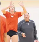  ?? JIM THOMPSON/JOURNAL ?? UNM volleyball coach Jeff Nelson, right, watches as Carson Heilborn prepares to set the ball during practice.