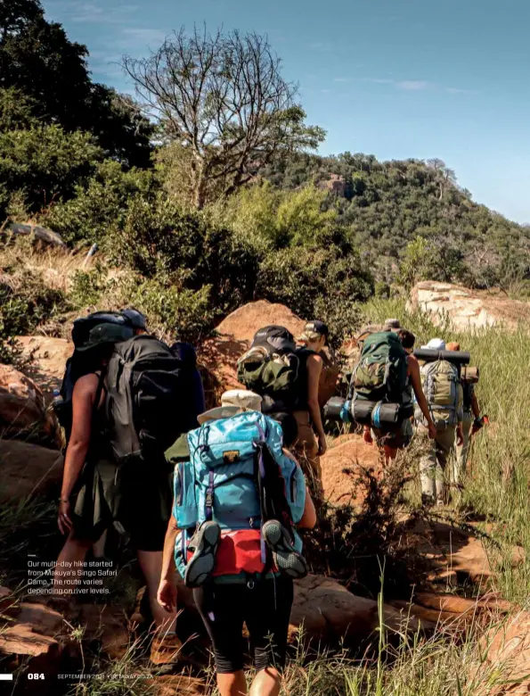  ??  ?? Our multi-day hike started from Makuya’s Singo Safari Camp. The route varies depending on river levels.