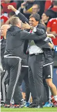  ??  ?? Getting carried away: Wales manager Chris Coleman celebrates Friday night’s victory