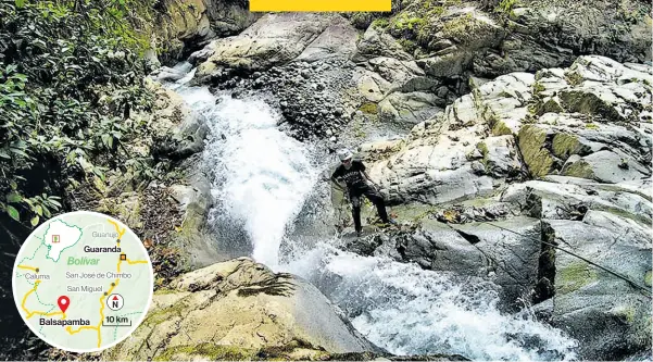  ?? FOTO CORTESÍA AVENTURA BALSAPAMBA ?? • El canyoning es la principal oferta de aventura en Balsapamba. Jorge Rivera desciende por uno de los 25 saltos de agua del sector.