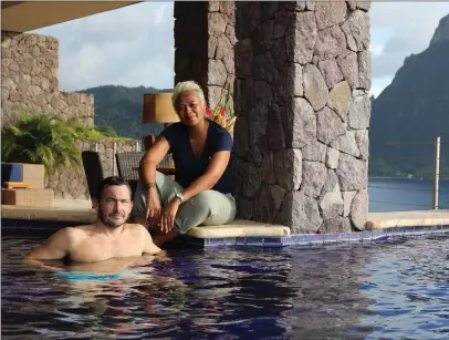  ??  ?? Giles Coren and Monica Galetti, above, at the Jade Mountain Hotel, St Lucia. Ramy Youssef, above right, writes and stars in new comedy-drama Ramy
