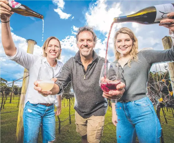  ?? Picture: NIGEL HALLETT ?? Winery owner Jon Heslop, with employees Tanya Robertson (left) and Imogen Mulcahy, exports 10 per cent of his product to China.