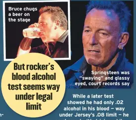  ??  ?? Bruce chugs a beer on the stage
Springstee­n was “swaying” and glassy eyed, court records say
