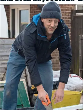  ??  ?? ‘SALT OF THE EARTH’: Lottery-winning builder Mr Thomson at work and, right, getting into the second-hand Volkswagen van he’s bought since his windfall