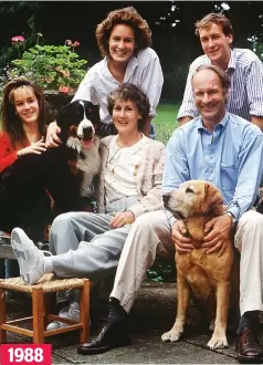  ??  ?? Family portrait: Aged 16, left, with sister Santa, mother Patti, brother James, father Charles and their dogs 1988