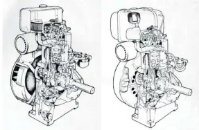  ??  ?? Here are the Series 1 (left) and Series 2 engines from old workshop manuals. The best way to tell them apart is by the flywheel. On the Series 1, the cooling fins, which are cast into the flywheel, face outside and there is an extensive shroud. The Series 2 had the cooling fins facing inboard, thus reducing the overall size of the engine and streamlini­ng the tin a bit. The engines are largely the same otherwise.