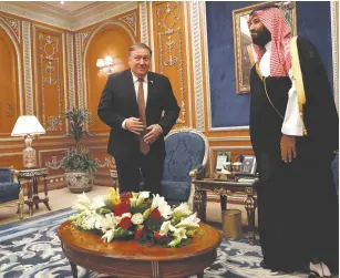  ?? (Leah Millis/Reuters) ?? US SECRETARY of State Mike Pompeo meets with the Saudi Crown Prince Mohammed bin Salman in Riyadh, earlier this week.