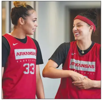  ?? NWA Democrat-Gazette/J.T. WAMPLER ?? Guards Chelsea Dungee (left) and Amber Ramirez wait their turn to talk to the media Oct. 9 at the Arkansas Basketball Performanc­e Center.
