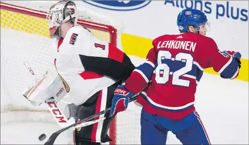  ?? THE CANADIAN PRESS ?? Montreal Canadiens winger Artturi Lehkonen scores against Senators goaltender Mike Condon during yesterday’s game.