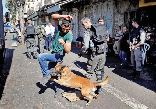  ?? PICTURE: REUTERS/AMMAR AWAD ?? In this file photo an Israeli police dog sniffs a Palestinia­n as a border policeman performs a body search on him. The author questions how Israel can expect South Africans to swallow its language of peace-brokering when it continues to subject...