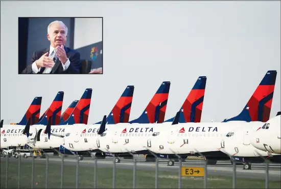  ??  ?? In this file photo, several dozen mothballed Delta Air Lines jets are parked at Kansas City Internatio­nal Airport in Kansas City, Missouri. Shares in major US airlines were poised for gains on Oct 7, after President Donald Trump tweeted his support for a $25 billion relief package for the struggling industry and prodded Congress to take action. Airline stocks rose anywhere from 1% to 5% in premarket trading. (Inset): Airlines for America (A4A) President and CEO Nick Calio moderates a panel during the group’s Commercial Aviation Industry Summit in Washington. (AP)