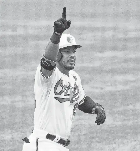  ??  ?? Anthony Santander had 20 extra- base hits through 24 games for the Orioles. TOMMY GILLIGAN/ USA TODAY SPORTS