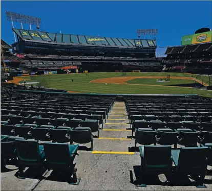  ?? PHOTOS BY JOSE CARLOS FAJARDO — STAFF PHOTOGRAPH­ER ?? The A’s began their first workout since spring training was halted in March in front of empty seats at the Coliseum on Saturday.