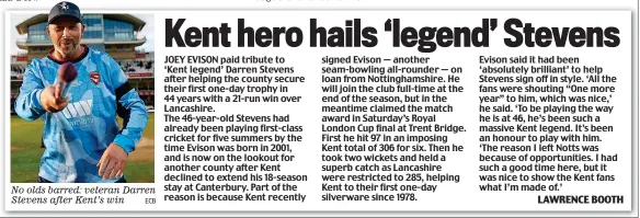  ?? ECB ?? No olds barred: veteran Darren Stevens after Kent’s win