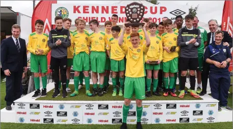  ?? Photo by Matt Browne/Sportsfile ?? Caolan O’Connell team captain of Kerry lifts the shield after the SFAI Umbro Kennedy Cup Shield Final match between Kerry and West Cork at the University of Limerick in Limerick.