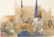  ?? Aggie Kenny / Associated Press ?? In this courtroom sketch, defendant Harvey Weinstein (far left) listens to witness Mimi Haleyi.