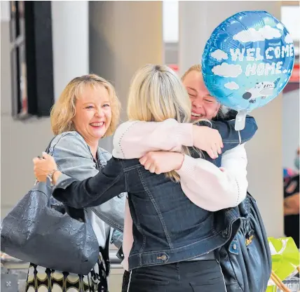  ??  ?? Friends greet each other with glee after an Air New Zealand flight from Auckland landed in Sydney yesterday.