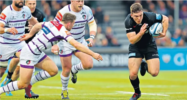  ??  ?? Rising talent: Matt Gallagher turns up the pace to break through the Leicester defence during Saracens’ victory