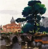  ??  ?? Historic Site New Green, watercolor, 50 x 50 cm (20 x 20") This painting is a watercolor painting on rice paper and is a new attempt. The splicing technique was adopted in the compositio­n, and two different scenes were stitched together in the same painting. The trees in front of the ancient Roman ruins radiate buds and contrast with ancient ruins. The foreground adopts a freehand approach, which intentiona­lly makes the stone building paste into a piece, setting off the clear church behind, and the back view uses realistic methods. The rice paper is highly absorbent, and the water on the pen should be controlled when it is painted, otherwise it will fail.