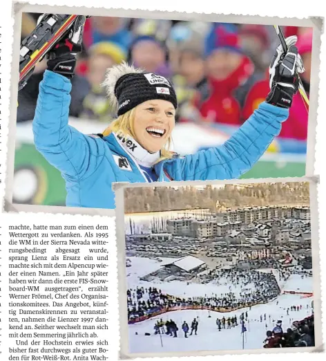  ?? BILDER: SN/GEPA, ARCHIV ?? Bild oben: 2013 bejubelte Marlies Schild in Lienz ihren 35. Sieg in einem Slalom-Weltcup – neuer Rekord. Bild unten: 1988 wollten unzählige Tifosi Alberto Tomba siegen sehen. Bernhard Gstrein gewann.