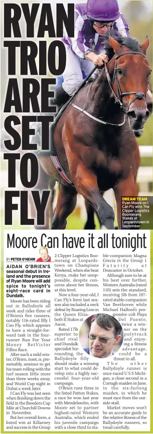  ??  ?? DREAM TEAM Ryan Moore on I Can Fly wins The Clipper Logistics Boomerang Stakes at Leopardsto­wn in September