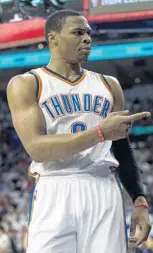  ?? CHRIS SZAGOLA/ASSOCIATED PRESS ?? Oklahoma City Thunder guard Russell Westbrook reacts to a fan who cursed him during Wednesday’s game against the Philadelph­ia 76ers.