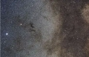  ??  ?? All the astrophoto­s in this article were taken using a Canon 6D DSLR and 135mm lens on either a portable tracking mount or a full Go-To mount. This is Barnard’s E with the bright star Altair to the left and the dust lanes of the Milky Way on the right