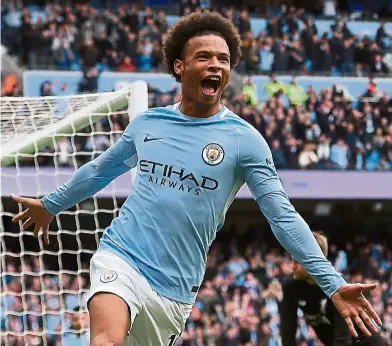  ?? — aFP ?? Running away: Leroy Sane celebratin­g after scoring a goal for Manchester City. He is likely to be on his way out of the club when his contract ends next year.