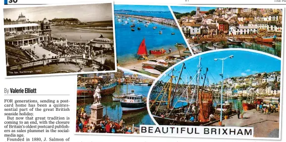  ??  ?? WISH YOU WERE HERE: A 1970s J. Salmon postcard of Brixham, Devon, and, inset, a 1930s card of Scarboroug­h