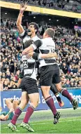  ??  ?? Clinical: Barbarians’ Australian player Luke Morahan (top) celebrates his Wembley try