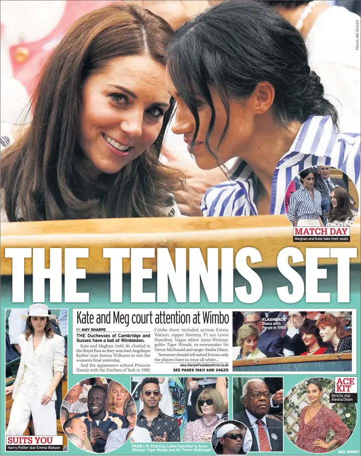  ??  ?? SUITS YOU Harry Potter star Emma Watson FANS L-R, Stormzy, Lewis Hamilton &amp; Anna Wintour, Tiger Woods and Sir Trevor Mcdonald FLASHBACK Diana with Fergie in 1988 MATCH DAY Meghan and Kate take their seats ACE KIT Strictly star Alesha Dixon SEE SPORT