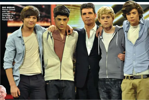  ??  ?? Big Break: Simon Cowell with his protégés One Direction in the 2010 X Factor Final