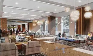  ?? Hines ?? Renovation­s of the lobby at 717 Texas in downtown Houston are under way. A rendering shows new seating areas, furniture and lighting.