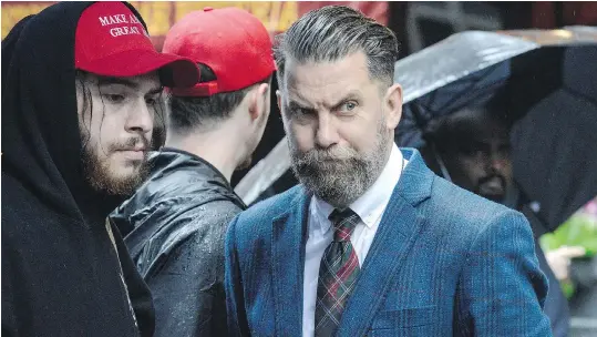  ?? STEPHANIE KEITH / GETTY IMAGES ?? Former Vice editor Gavin McInnes, at an alt-right protest of a Muslim activist in New York City in April, lives by the maxim, “When they go low, go lower.”