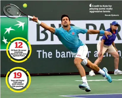  ?? AP ?? Of their 16 career meetings, Djokovic has won against Potro Year-old Taylor Fritz sent sixth-seeded Cilic packing Novak Djokovic beat Kyle Edmund in the second round of the BNP Paribas Open tennis tournament. —