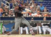  ?? AP ?? The Diamondbac­ks' Nick Ahmed hits a triple during Arizona’s 3-2 victory against the Marlins on Thursday. Recap, 5C