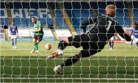  ??  ?? Leicester City’s Kasper Schmeichel saves a penalty by Brighton’s Neal Maupay in the Premier League match at King Power Stadium. Photograph: Andrew Boyers/Reuters